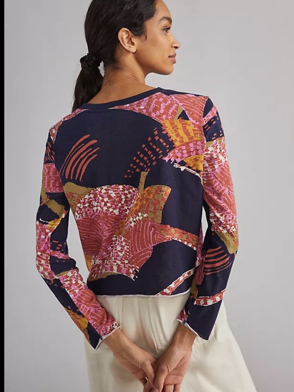 Anthropologie Abstract Print Long-Sleeve Top in Navy and Pink